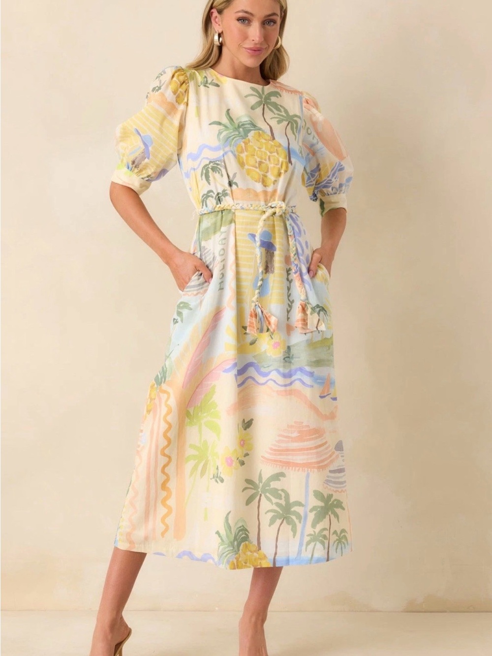 PROSPERINA Tropical Print Puff Sleeve Midi Dress in Pastel Yellow. 100% Cotton